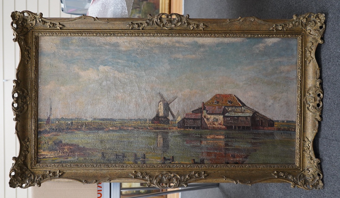 Attributed to Edward King RA (1863-1930), oil on canvas, Study of Tide Mill and windmill at Walton on the Naze, together with English Heritage National Monuments Record photograph of the scene, oil 44.5 x 90.5cm. Conditi